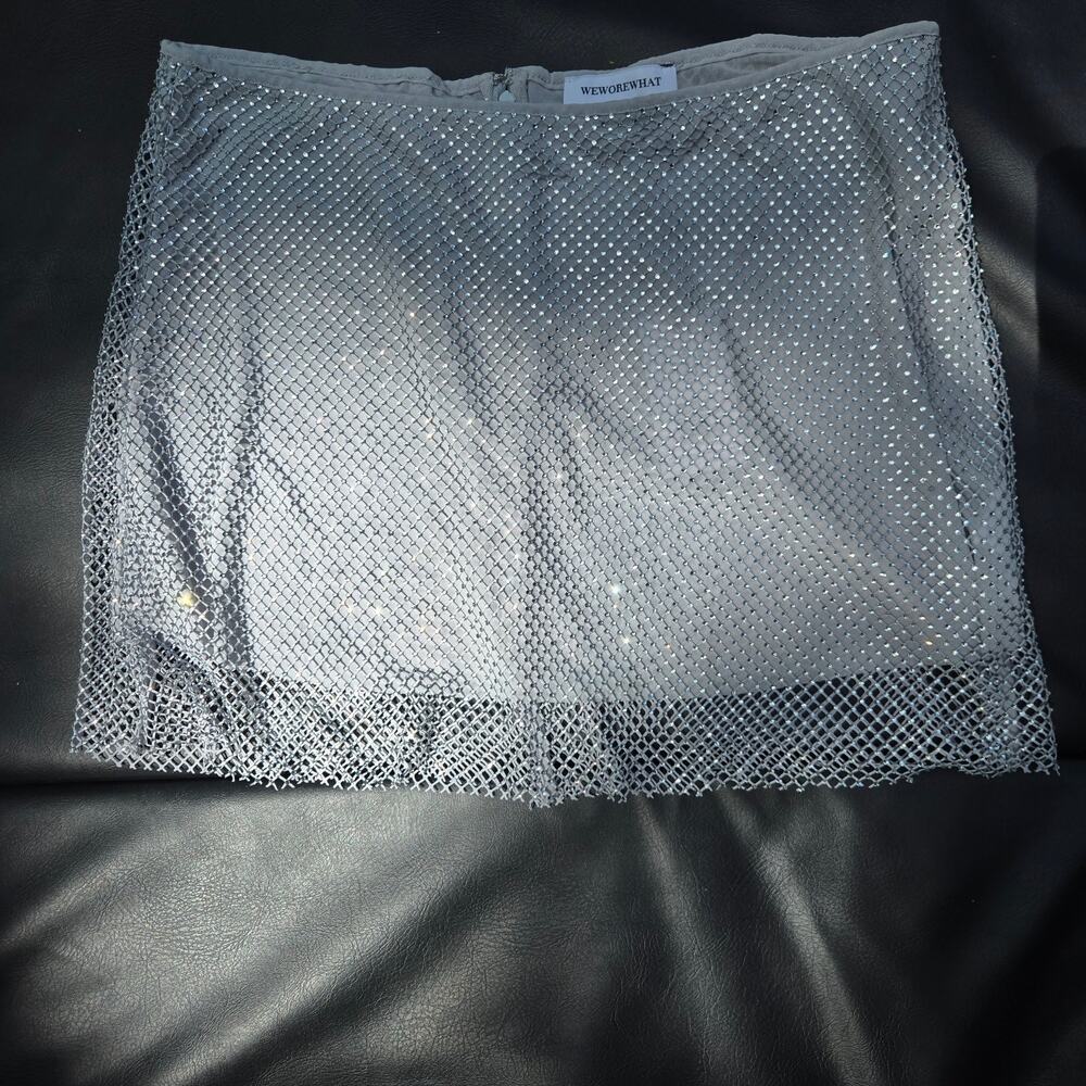 Revolve WeWoreWhat Festival Rave Disco Silver Crystal Sheer Mesh Mini Skirt 14